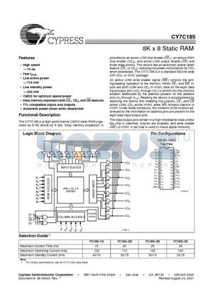 CY7C185-25PC datasheet - 8K x 8 Static RAM
