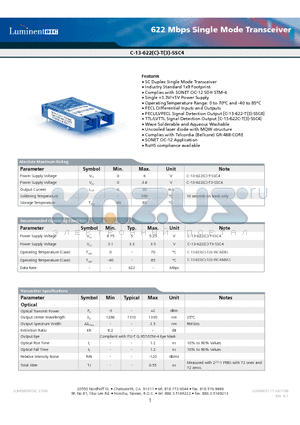 C-13-622C-T-SSC4 datasheet - 622 Mbps Single Mode Transceiver