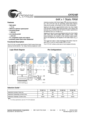 CY7C187-20VC datasheet - 64K x 1 Static RAM