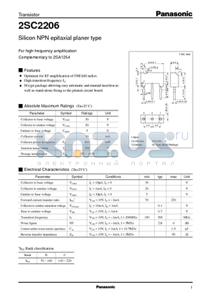 2SC2206 datasheet - Silicon NPN epitaxial planer type(For high-frequency amplification)
