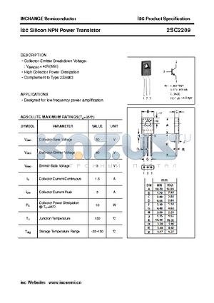 2SC2209 datasheet - isc Silicon NPN Power Transistor