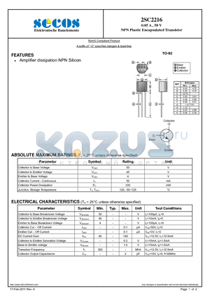 2SC2216 datasheet - NPN Plastic Encapsulated Transistor