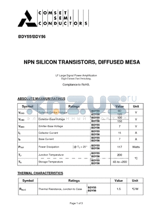 BDY56 datasheet - NPN SILICON TRANSISTORS, DIFFUSED MESA