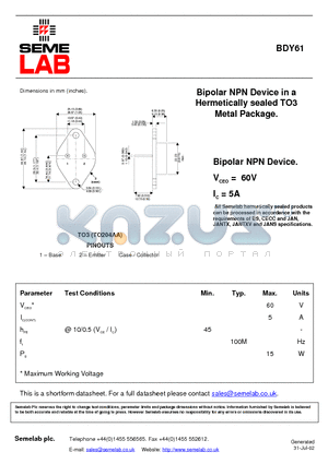 BDY61 datasheet - Bipolar NPN Device in a Hermetically sealed TO3 Metal Package