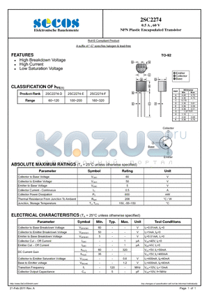 2SC2274 datasheet - NPN Plastic Encapsulated Transistor