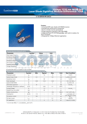 C-13-DFB10-PK-SSCLI datasheet - 10Gbps 1310 nm MQW-DFB Laser Diode Pigtailed Module-Differential TOSA