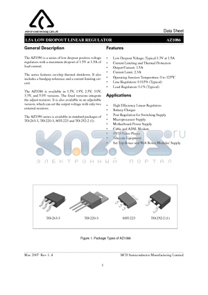 AZ1086D-1.5TR datasheet - 1.5A LOW DROPOUT LINEAR REGULATOR