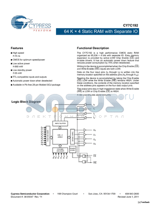 CY7C192 datasheet - 64 K  4 Static RAM with Separate IO CMOS for optimum speed/power