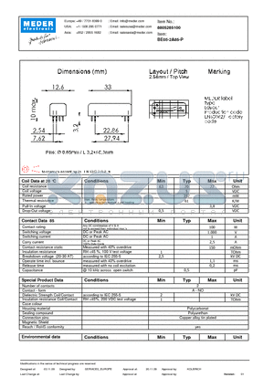 BE05-2A85-P datasheet - BE Reed Relay