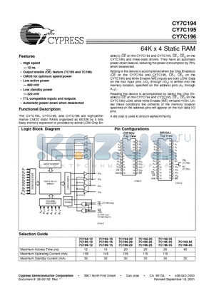 CY7C195-12 datasheet - 64K x 4 Static RAM