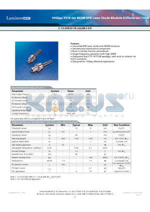 C-13-DFB10-TK-SSCMI-01 datasheet - 10Gbps 1310 nm MQW-DFB Laser Diode Module-Differential TOSA