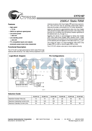 CY7C197-20PC datasheet - 256Kx1 Static RAM