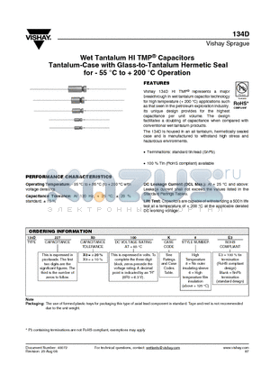 134D227X9100C6E3 datasheet - Wet Tantalum HI TMP^ Capacitors Tantalum-Case with Glass-to-Tantalum Hermetic Seal for - 55 `C to  200 `C Operation