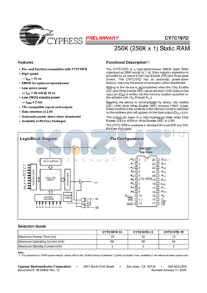 CY7C197D-10VXI datasheet - 256K (256K x 1) Static RAM