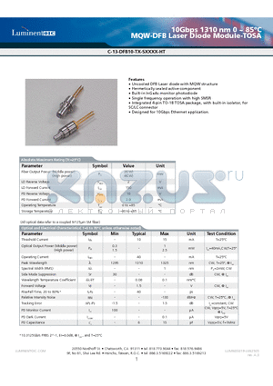 C-13-DFB10-TK-SLCMI-HT datasheet - 10Gbps 1310 nm 0 ~ 85jC MQW-DFB Laser Diode Module-TOSA
