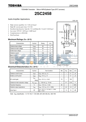 2SC2458 datasheet - Audio Amplifier Applications