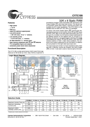 CY7C199-15VI datasheet - 32K x 8 Static RAM