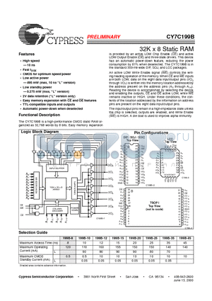 CY7C199B-20VC datasheet - 32K x 8 Static RAM