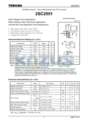 2SC2551 datasheet - TOSHIBA Transistor Silicon NPN Epitaxial Type (PCT process)