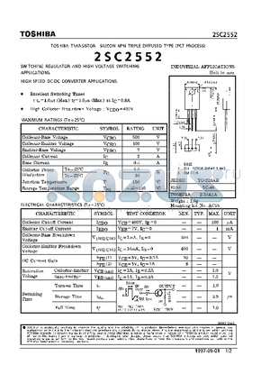 2SC2552 datasheet - TOSHIBA Transistor Silicon NPN Triple Diffused Type (PCT Process)