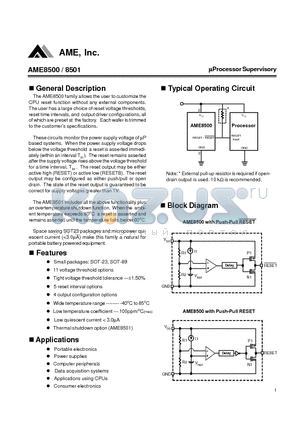 AME8500BEFT datasheet - Micropower uP Reset Family