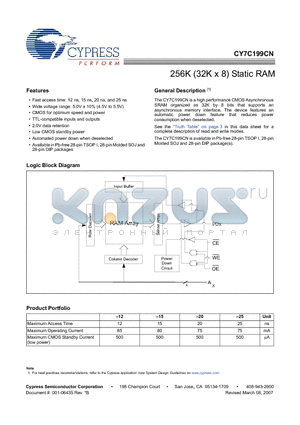 CY7C199CN-12VXI datasheet - 256K (32K x 8) Static RAM