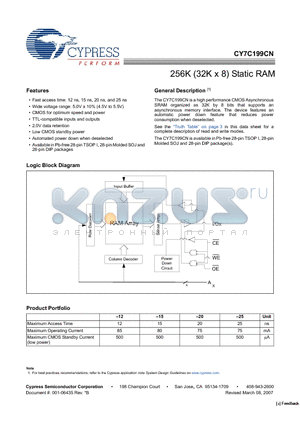 CY7C199CN-15PC datasheet - 256K (32K x 8) Static RAM