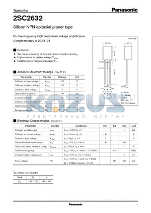 2SC2632 datasheet - Silicon NPN epitaxial planer type(For low-frequency high breakdown voltage amplification)