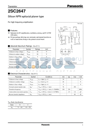 2SC2647 datasheet - Silicon NPN epitaxial planer type(For high-frequency amplification)