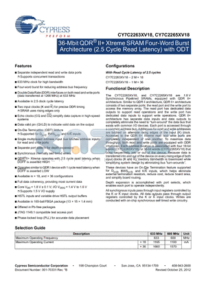 CY7C2265XV18 datasheet - 36-Mbit QDR^ II Xtreme SRAM Four-Word Burst Architecture (2.5 Cycle Read Latency) with ODT