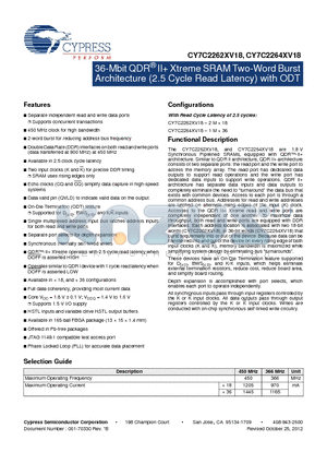 CY7C2262XV18 datasheet - 36-Mbit QDR^ II Xtreme SRAM Two-Word Burst Architecture (2.5 Cycle Read Latency) with ODT