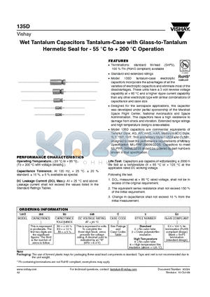 135D127X0015F2 datasheet - Wet Tantalum Capacitors Tantalum-Case with Glass-to-Tantalum Hermetic Seal for - 55 `C to  200 `C Operation