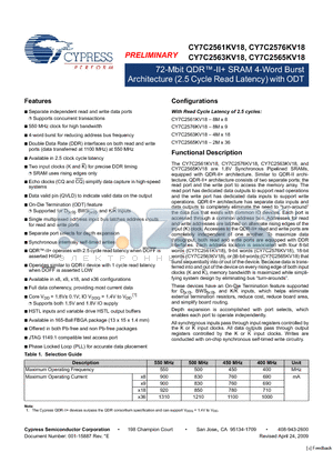 CY7C2561KV18-500BZC datasheet - 72-Mbit QDR-II SRAM 4-Word Burst Architecture