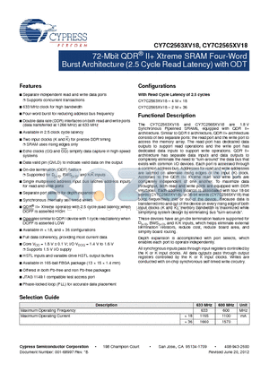 CY7C2563XV18-633BZXC datasheet - 72-Mbit QDR^ II Xtreme SRAM Four-Word Burst Architecture (2.5 Cycle Read Latency) with ODT