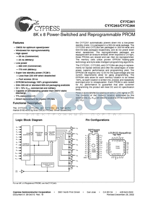 CY7C263-20PC datasheet - 8K x 8 Power-Switched and Reprogrammable PROM