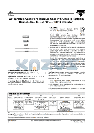 135D276X0060C2 datasheet - Wet Tantalum Capacitors Tantalum-Case with Glass-to-Tantalum Hermetic Seal for - 55 `C to  200 `C Operation