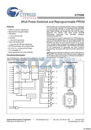 CY7C266-20JC datasheet - 8Kx8 Power-Switched and Reprogrammable PROM