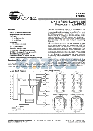 CY7C274 datasheet - 32K x 8 Power Switched and Reprogrammable PROM