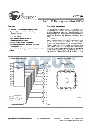 CY7C276-25JC datasheet - 16K x 16 Reprogrammable PROM