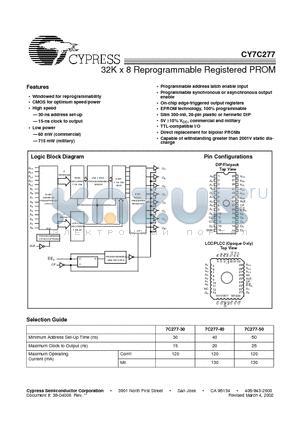 CY7C277-40KMB datasheet - 32K x 8 Reprogrammable Registered PROM