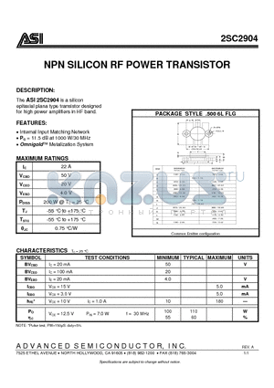 2SC2904 datasheet - NPN SILICON RF POWER TRANSISTOR