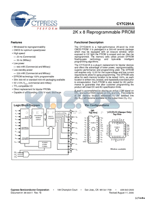 CY7C291A-25JC datasheet - 2K x 8 Reprogrammable PROM