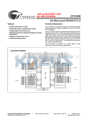 CY7C343B-30JC/JI datasheet - 64-Macrocell MAX^ EPLD