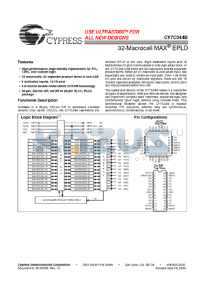 CY7C344-15JC/JI datasheet - 32-Macrocell MAX EPLD