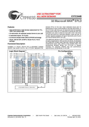 CY7C344-20PC/PI datasheet - 32-Macrocell MAX EPLD