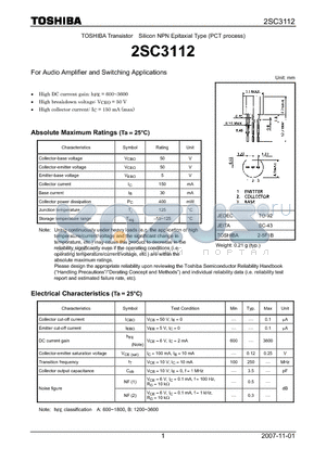 2SC3112 datasheet - Silicon NPN Epitaxial Type (PCT process) For Audio Amplifier and Switching Applications
