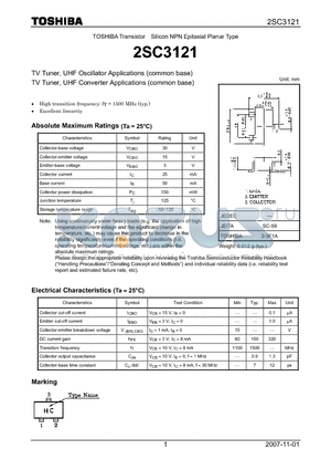 2SC3121 datasheet - Silicon NPN Epitaxial Planar Type TV Tuner, UHF Oscillator Applications