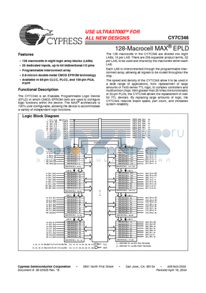 CY7C346-25NC datasheet - USE ULTRA37000TM FOR ALL NEW DESIGNS(128-Macrocell MAX  EPLD)