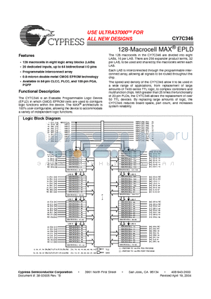 CY7C346-25NI datasheet - USE ULTRA37000TM FOR ALL NEW DESIGNS(128-Macrocell MAX  EPLD)