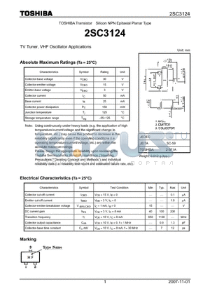 2SC3124 datasheet - Silicon NPN Epitaxial Planar Type TV Tuner, VHF Oscillator Applications